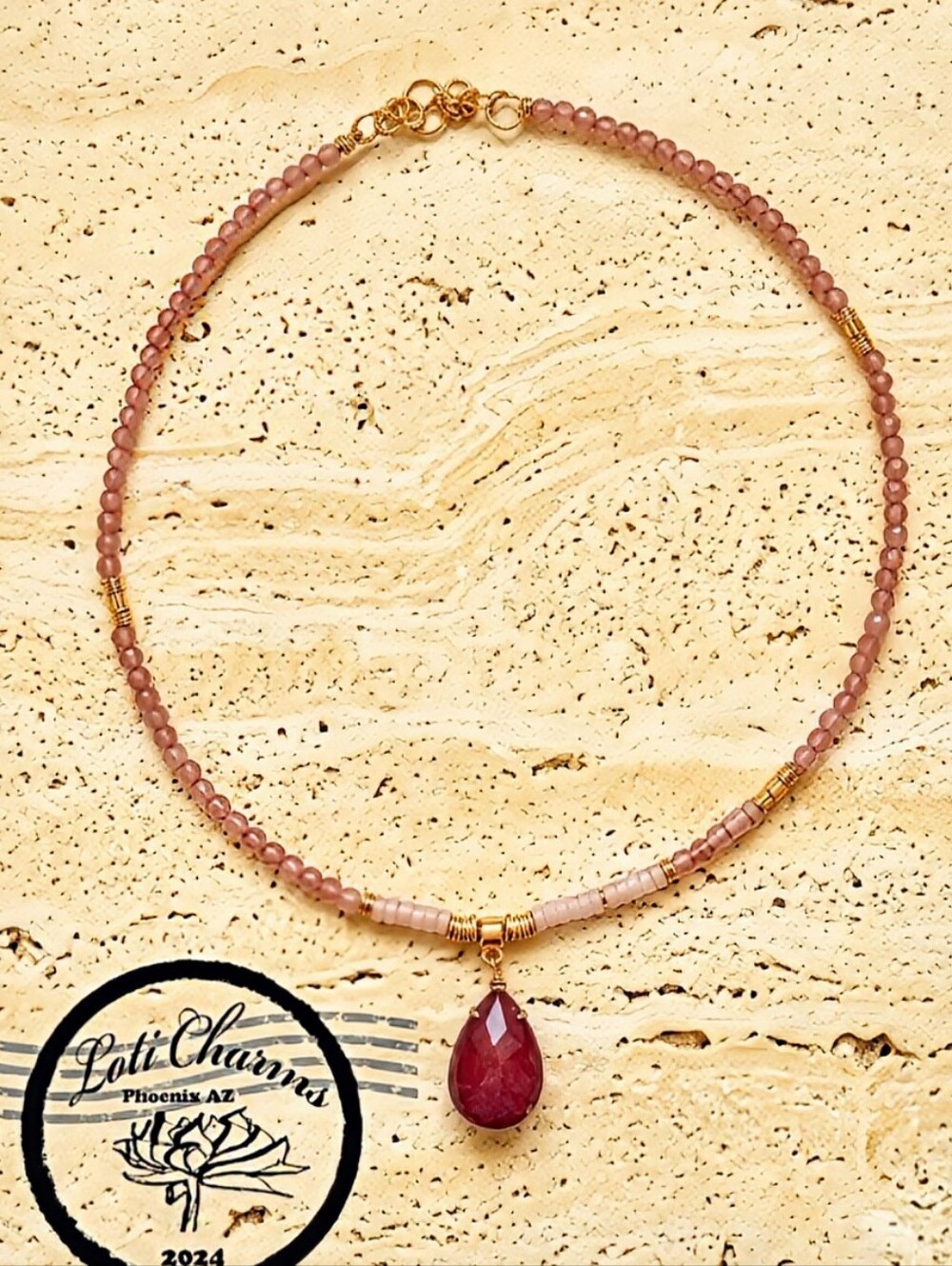 Pink Opal & Thulite Rosaline W/ Natural Opaque Ruby Pendant In Dainty Necklace